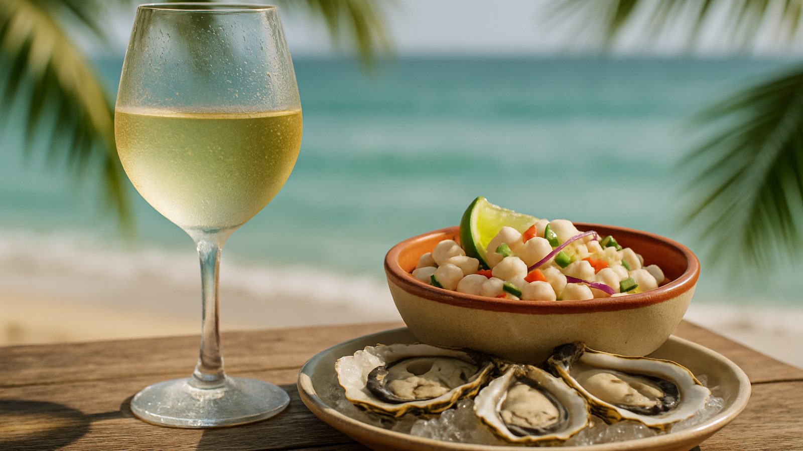 Copa de vino blanco con ceviche, ostras y mariscos frente a una playa del Pacífico Sur de Costa Rica