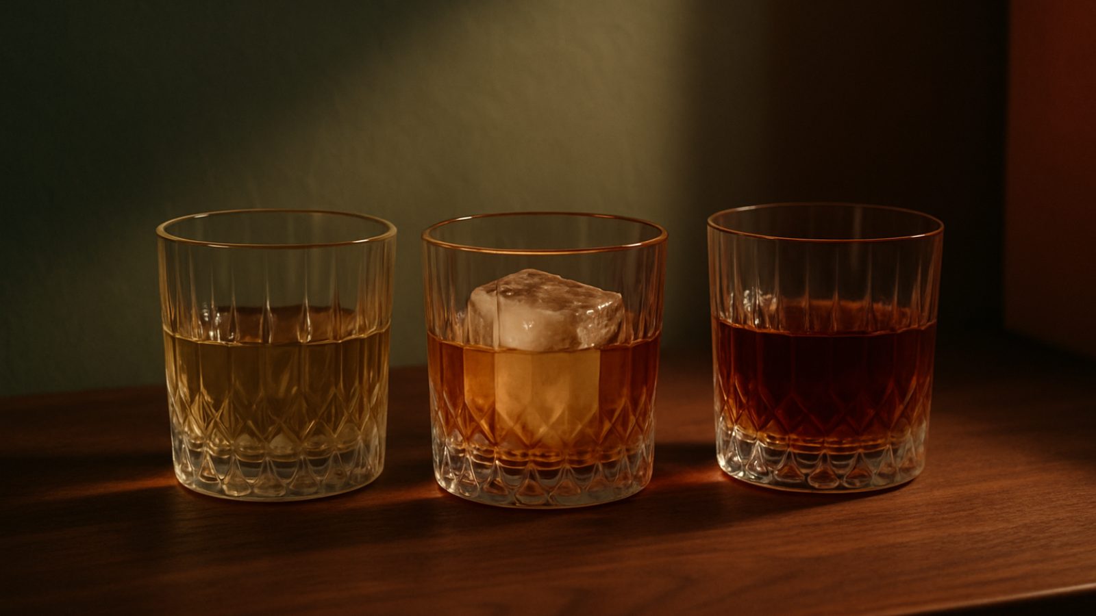 Vasos de whisky, bourbon y scotch servidos para comparar sus diferencias