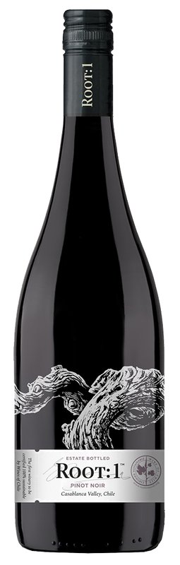 Botella de ROOT 1 Reserva Pinot Noir, vino tinto de Casablanca, Chile